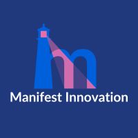 Manifest Innovation logo with stylized lighthouse forming the letter M in blue and pink on a dark background
