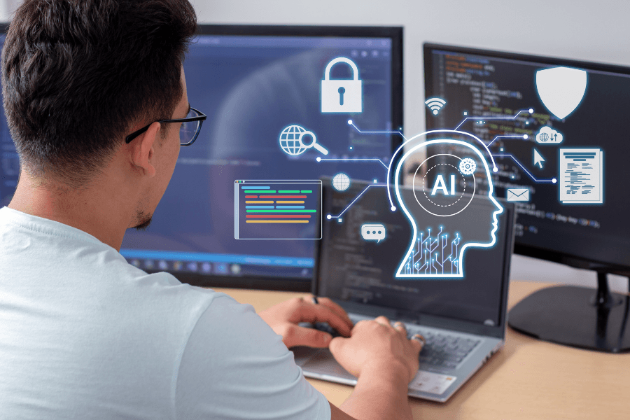 Man using computer with AI and agriculture technology interface for learning animal nutrition