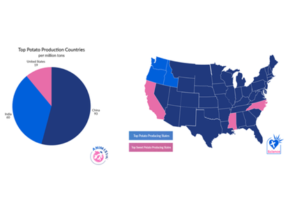 Potato production pie chart + U.S. potato and sweet potato map