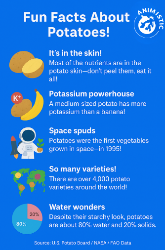 Fun facts infographic about potatoes highlighting nutrients and trivia relevant to sweet potato casserole discussions.