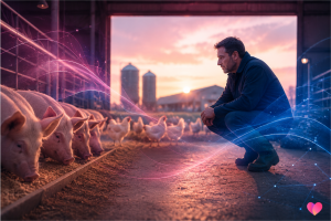 Farmer observing pigs and chickens in a barn, representing value proposition and real world animal nutrition decisions.